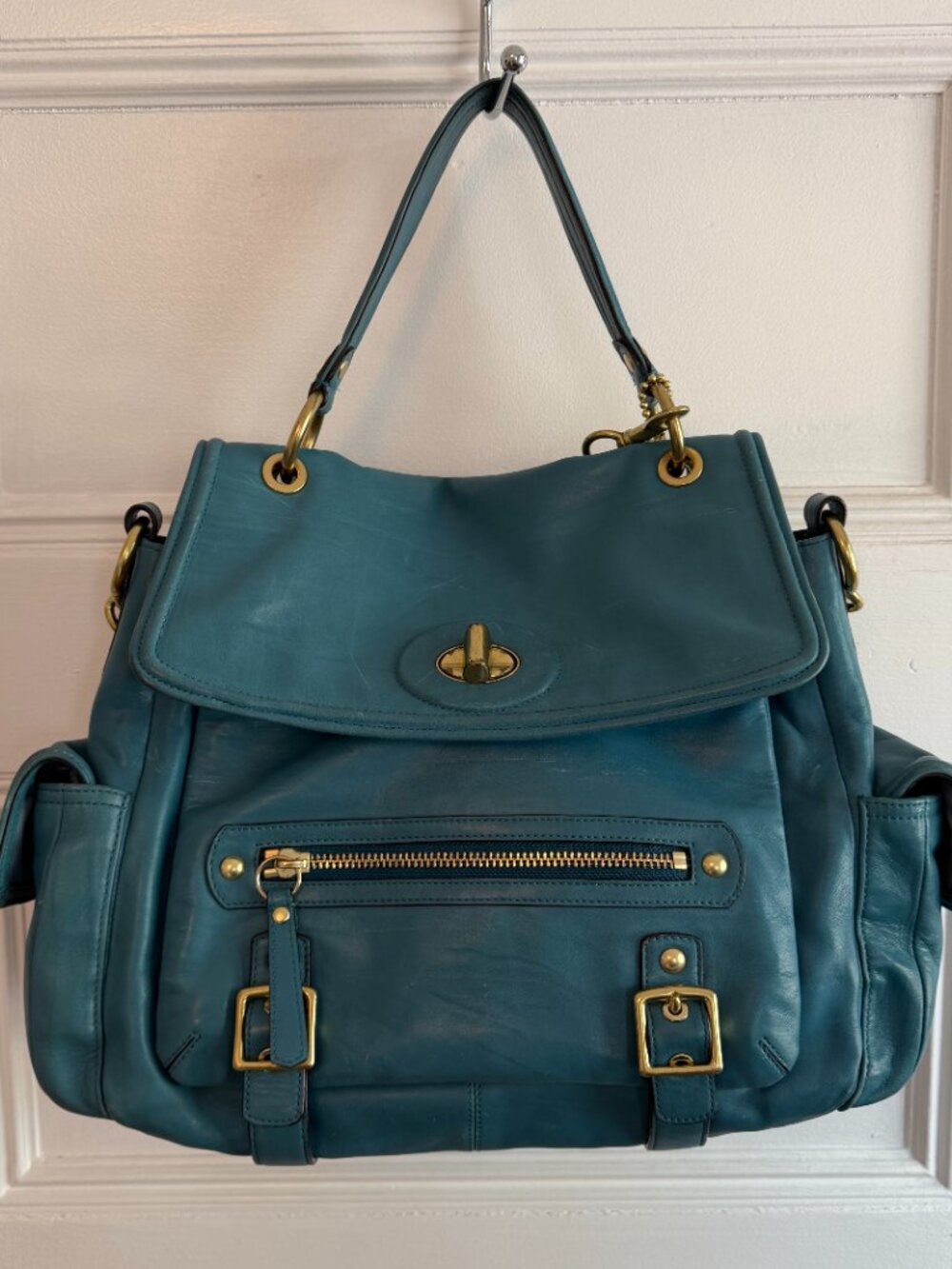 Coach Teal Leather Handbag Sydney Teal Turn Lock Flap Style Handbag G0968-14614